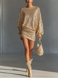 Sequin Dress – Gold Long Sleeve Ruched Mini