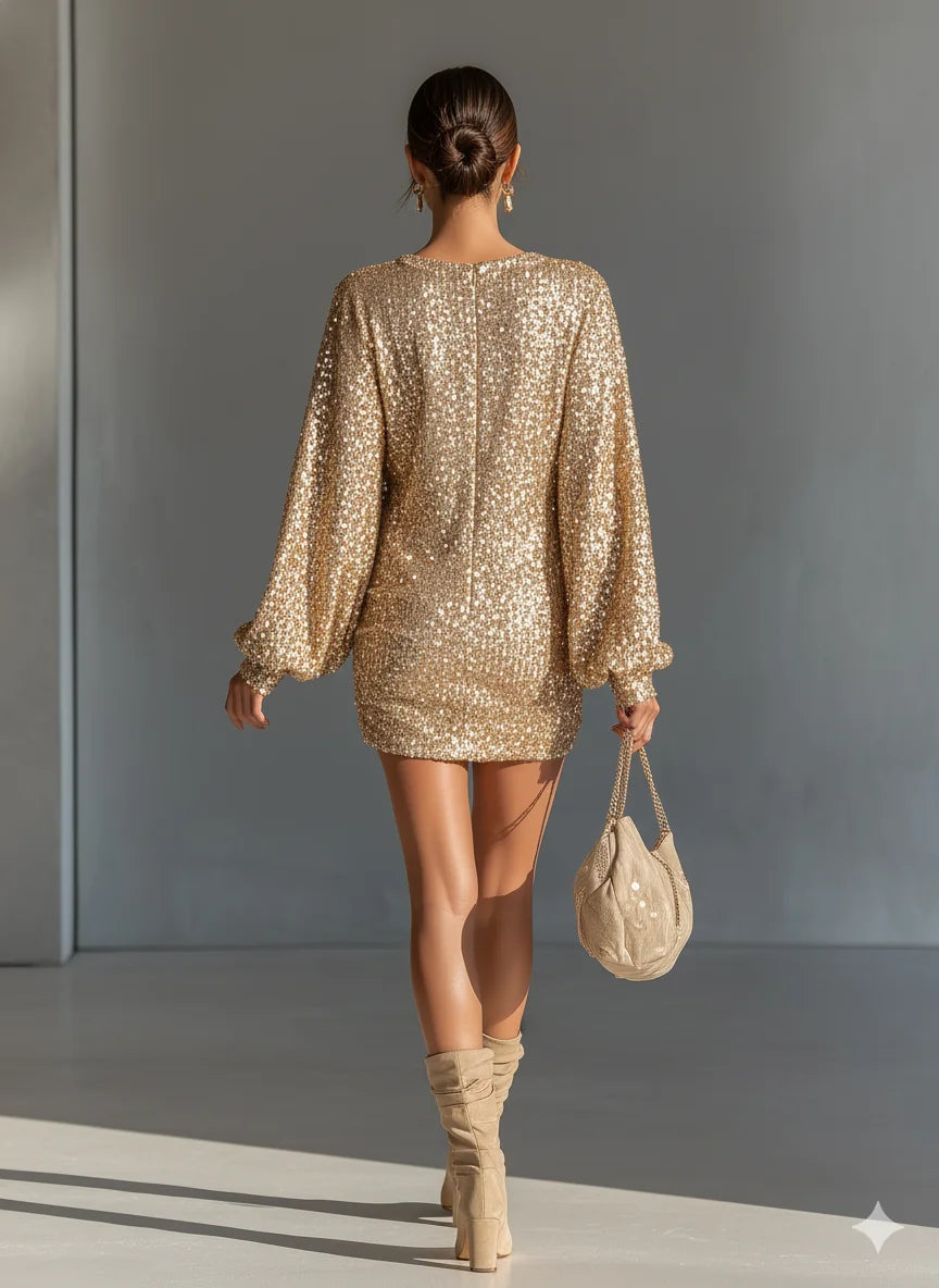 Sequin Dress – Gold Long Sleeve Ruched Mini