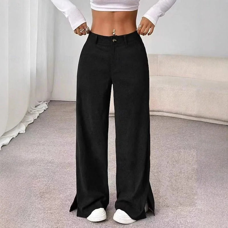 Wide Leg Pants – Apricot High-Waisted Split-Hem Trousers