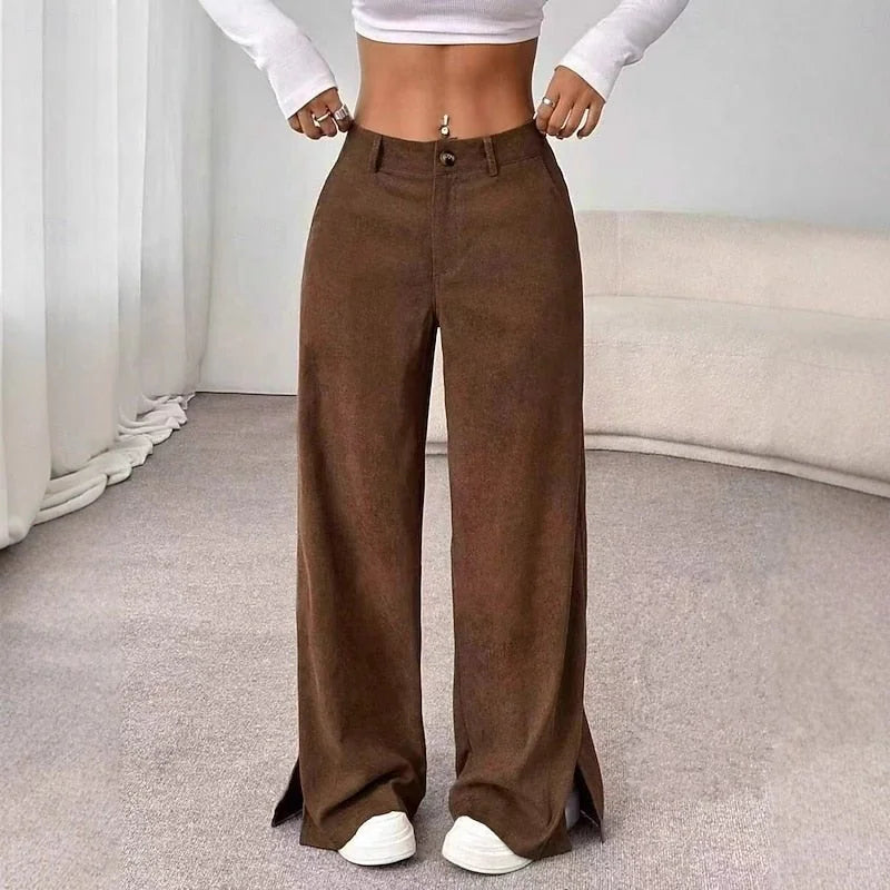 Wide Leg Pants – Apricot High-Waisted Split-Hem Trousers