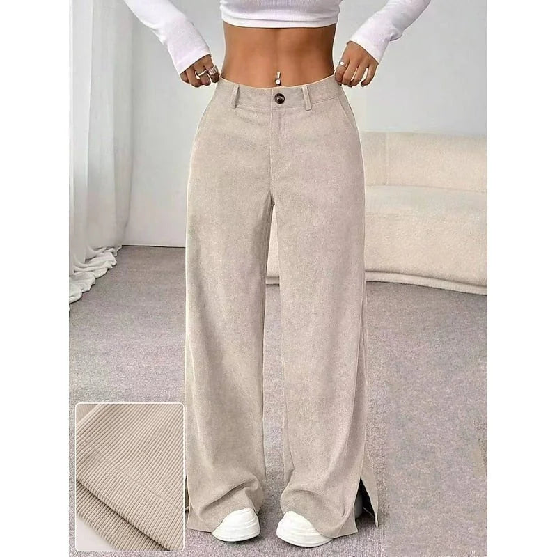 Wide Leg Pants – Apricot High-Waisted Split-Hem Trousers