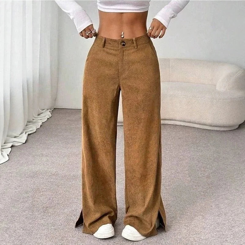 Wide Leg Pants – Apricot High-Waisted Split-Hem Trousers