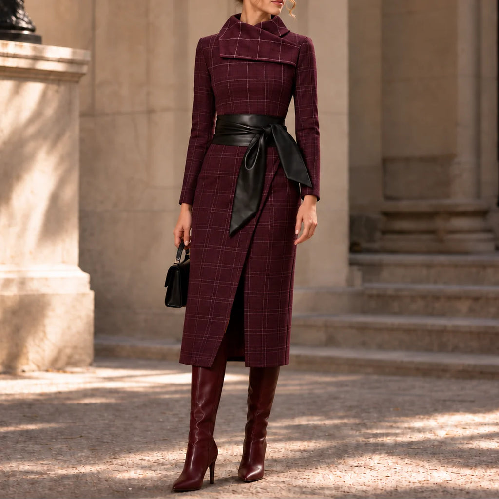 Wrap Midi Dress – Camel Long Sleeve Textured Knit Tie Belt