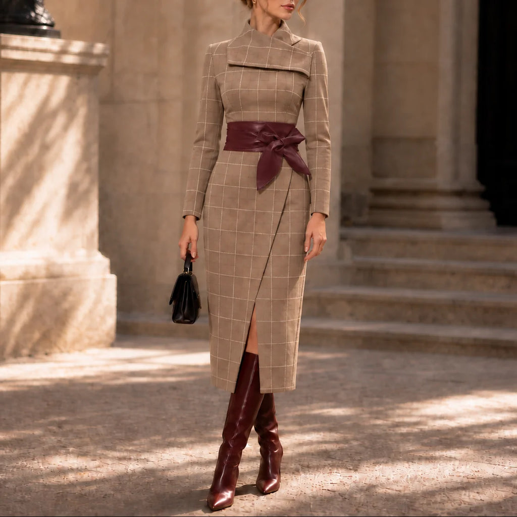 Wrap Midi Dress – Camel Long Sleeve Textured Knit Tie Belt