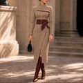 Wrap Midi Dress – Camel Long Sleeve Textured Knit Tie Belt