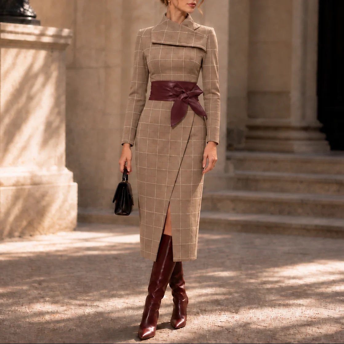 Wrap Midi Dress – Camel Long Sleeve Textured Knit Tie Belt