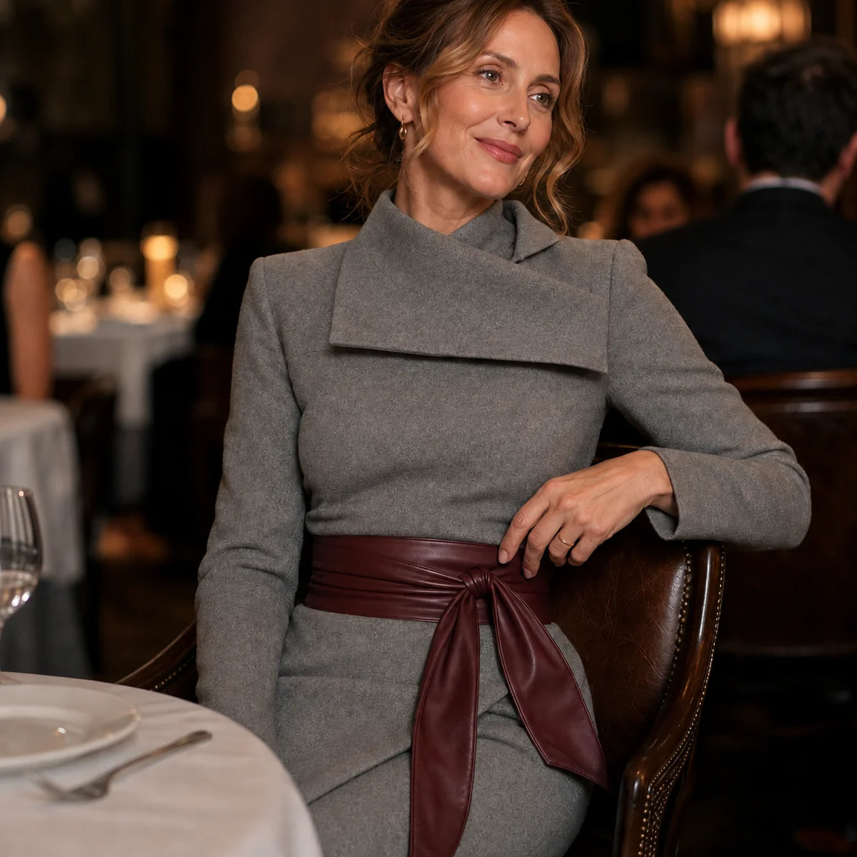 Wrap Midi Dress – Camel Long Sleeve Textured Knit Tie Belt