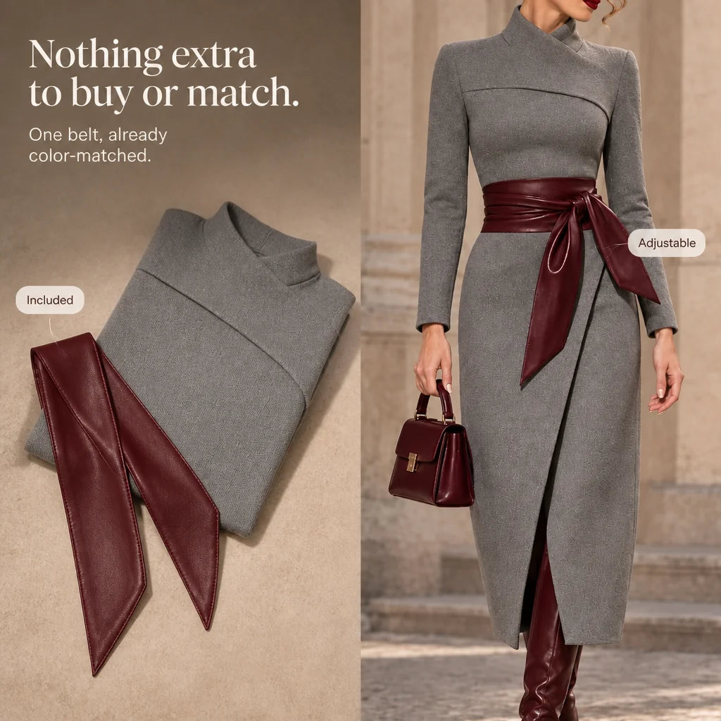 Wrap Midi Dress – Camel Long Sleeve Textured Knit Tie Belt