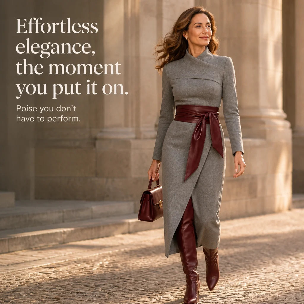 Wrap Midi Dress – Camel Long Sleeve Textured Knit Tie Belt