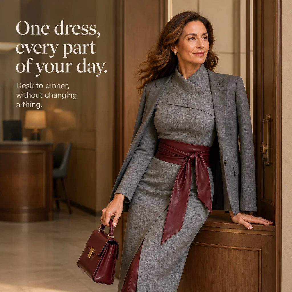 Wrap Midi Dress – Camel Long Sleeve Textured Knit Tie Belt