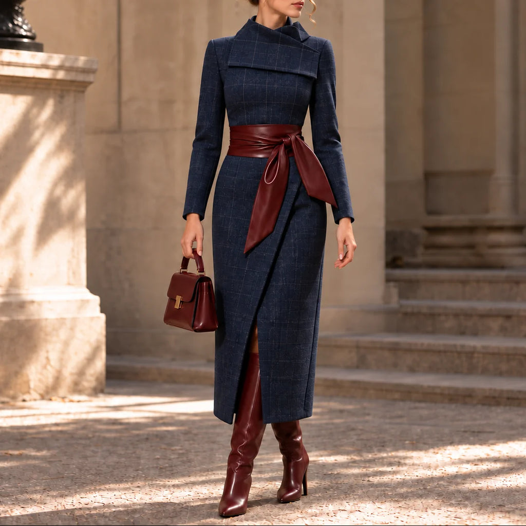 Wrap Midi Dress – Camel Long Sleeve Textured Knit Tie Belt