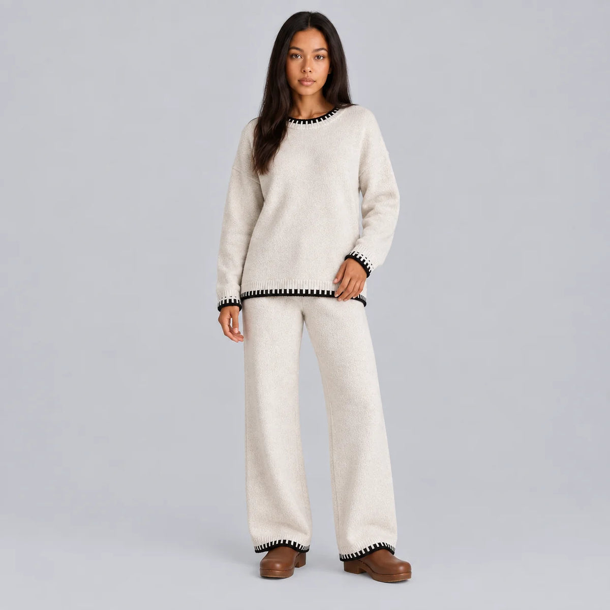 knit top and wide leg pants set – Beige