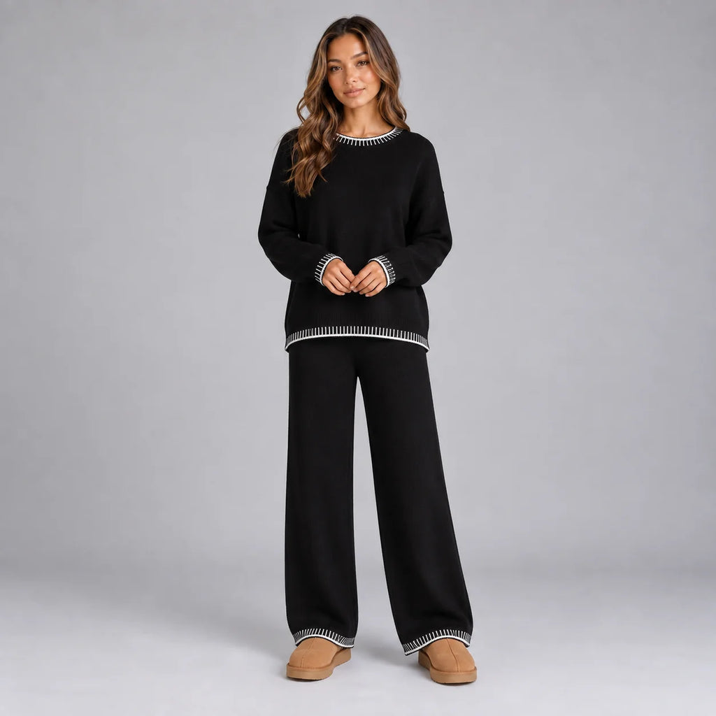 knit top and wide leg pants set – Black