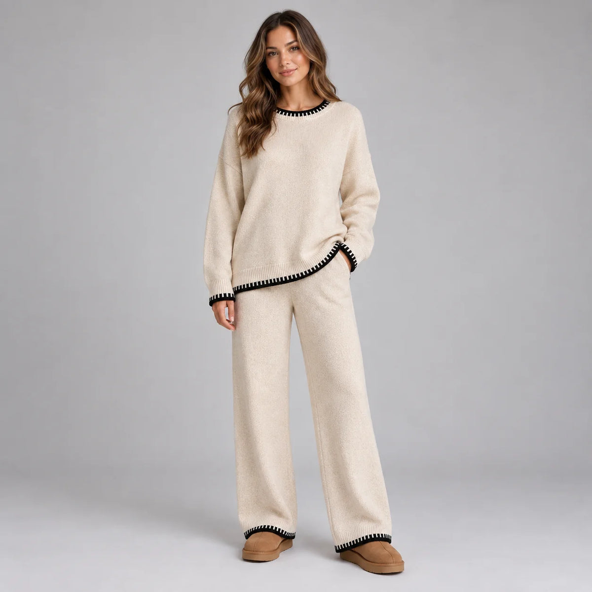 knit top and wide leg pants set – Cream