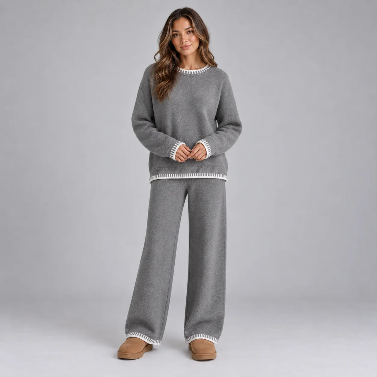 knit top and wide leg pants set – Gray