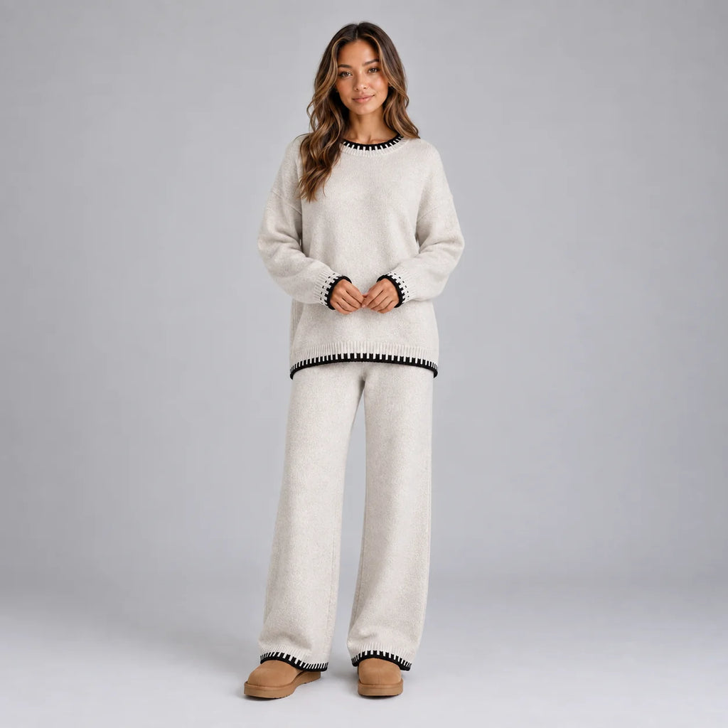 knit top and wide leg pants set – Cream