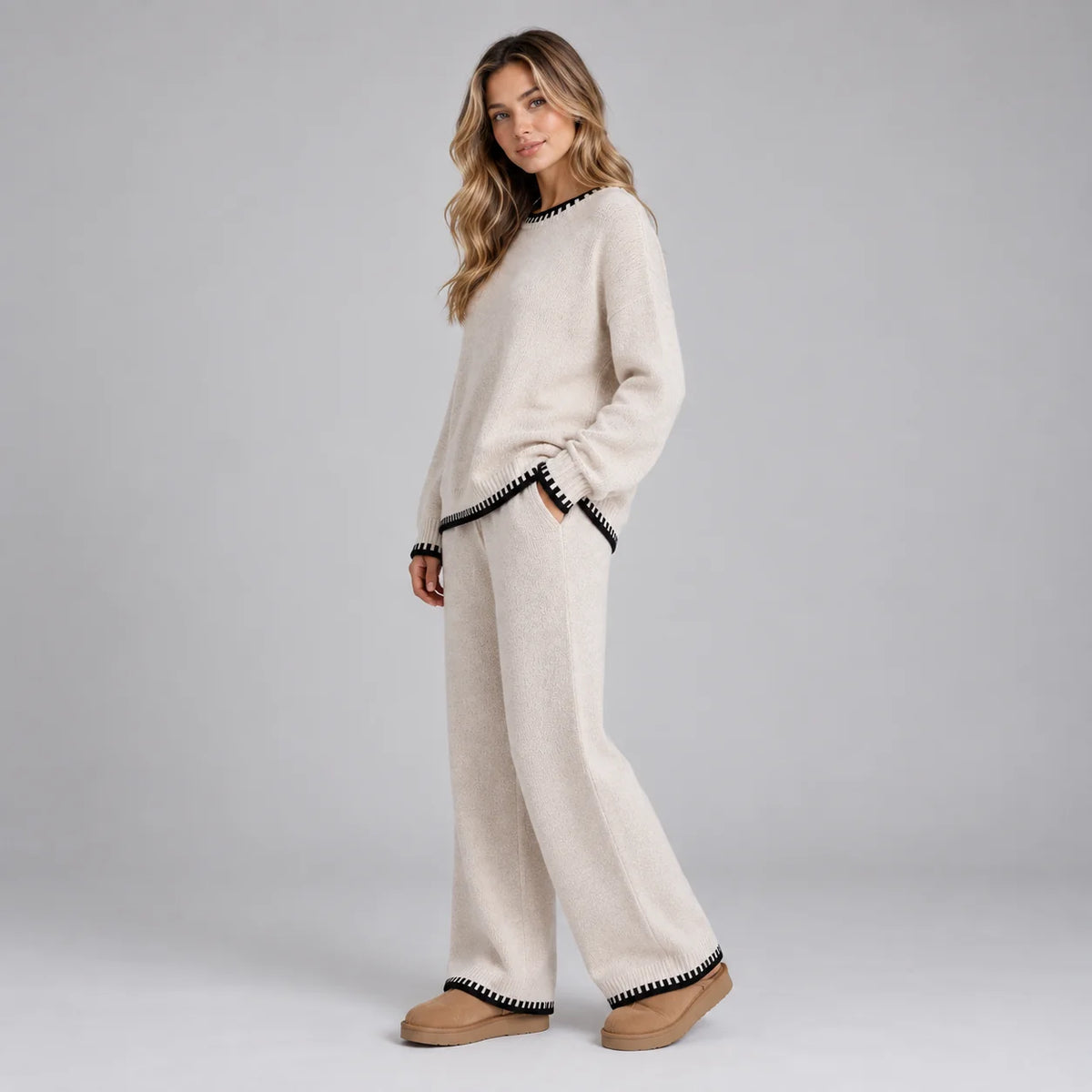 knit top and wide leg pants set – Cream