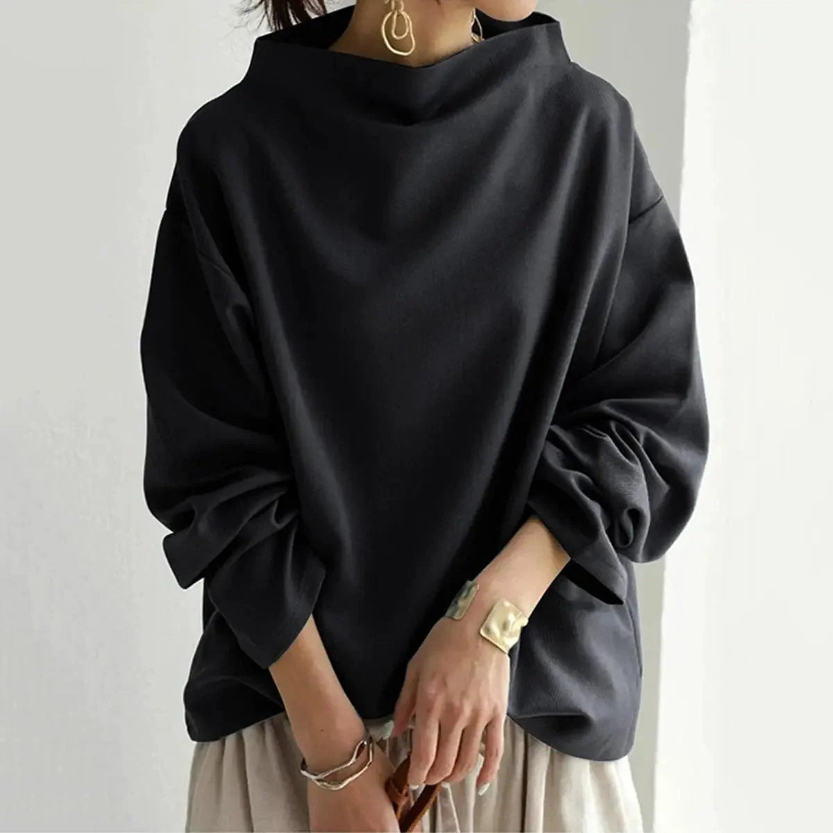 Black Oversized Roll Neck Sweater for Women - Relaxed Knit Top
