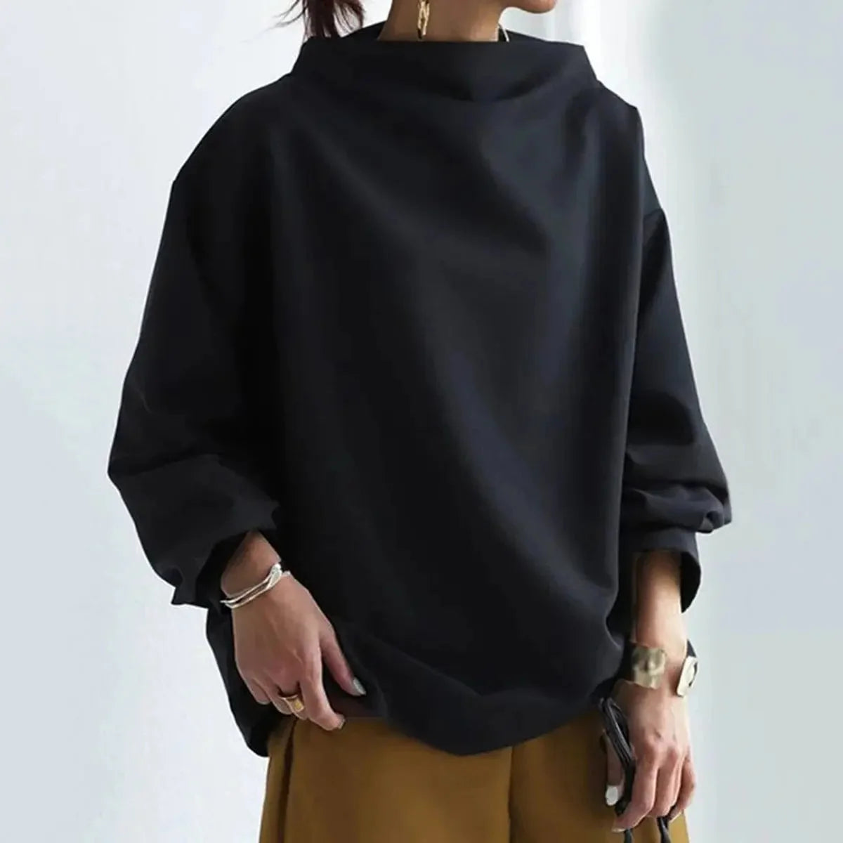 Black Oversized Roll Neck Sweater for Women - Relaxed Knit Top