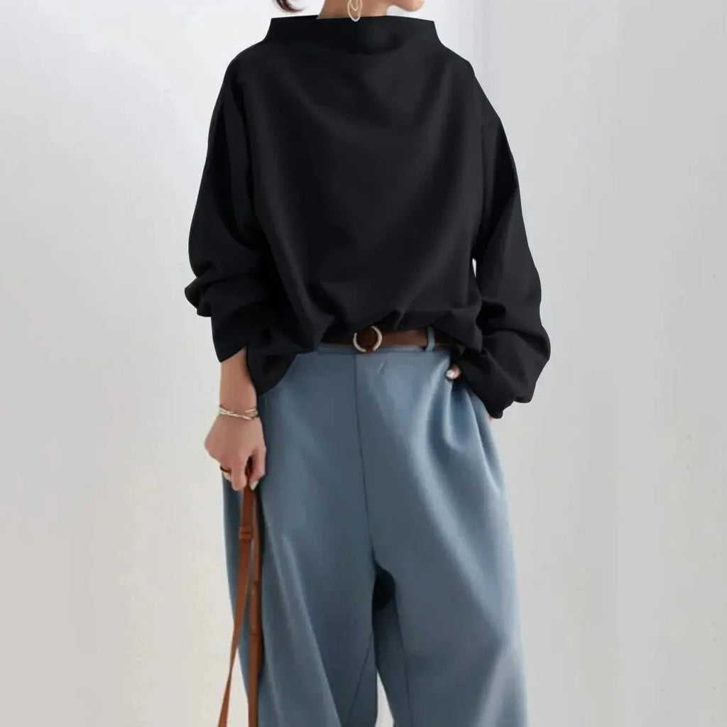 Black Oversized Roll Neck Sweater for Women - Relaxed Knit Top