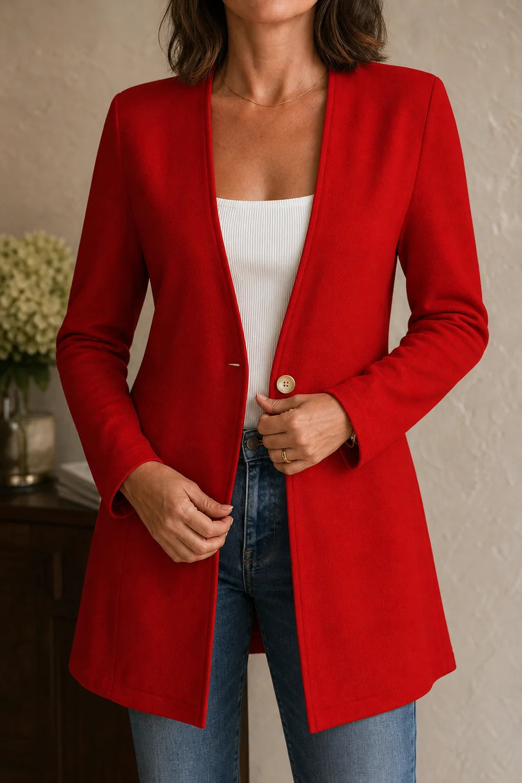 Blazer – Burgundy V-Neck Single-Button A-Line