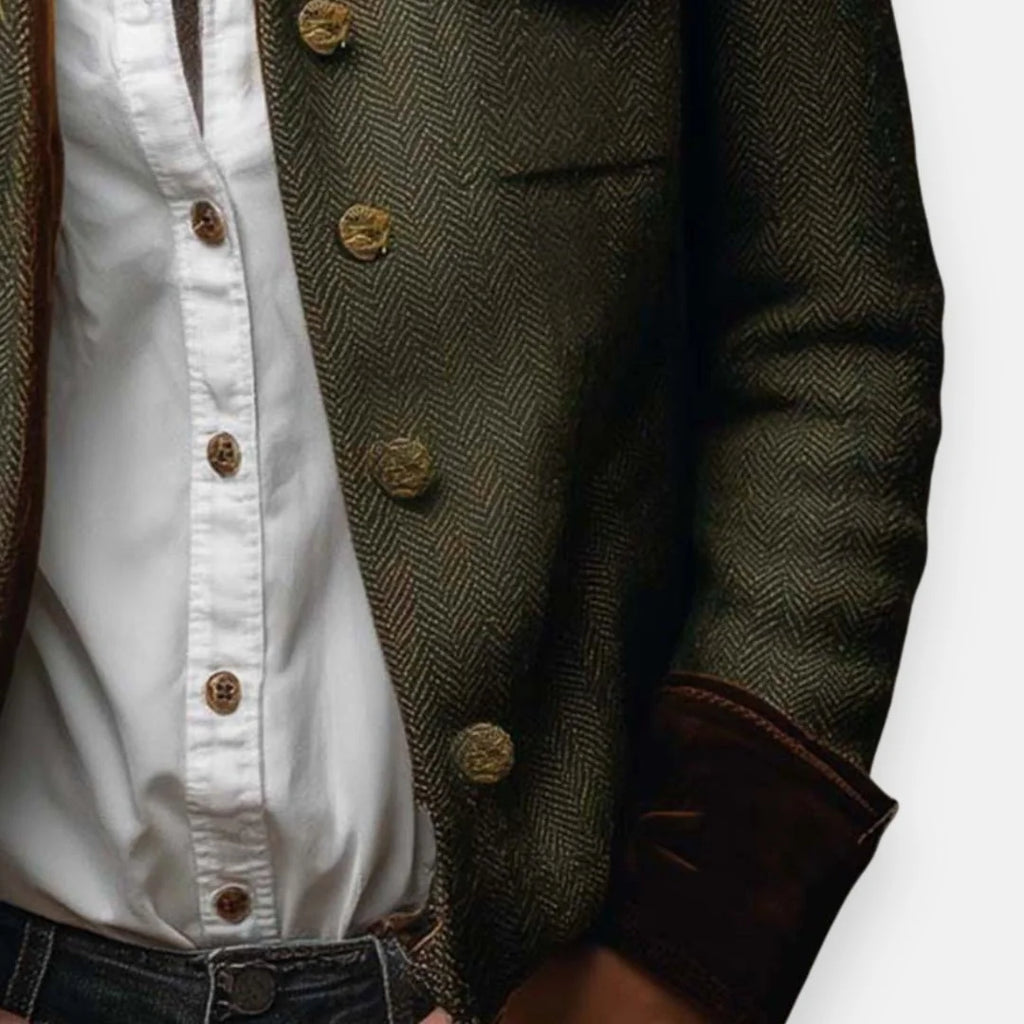 Blazer – Olive Herringbone Button-Front with Flap Pockets