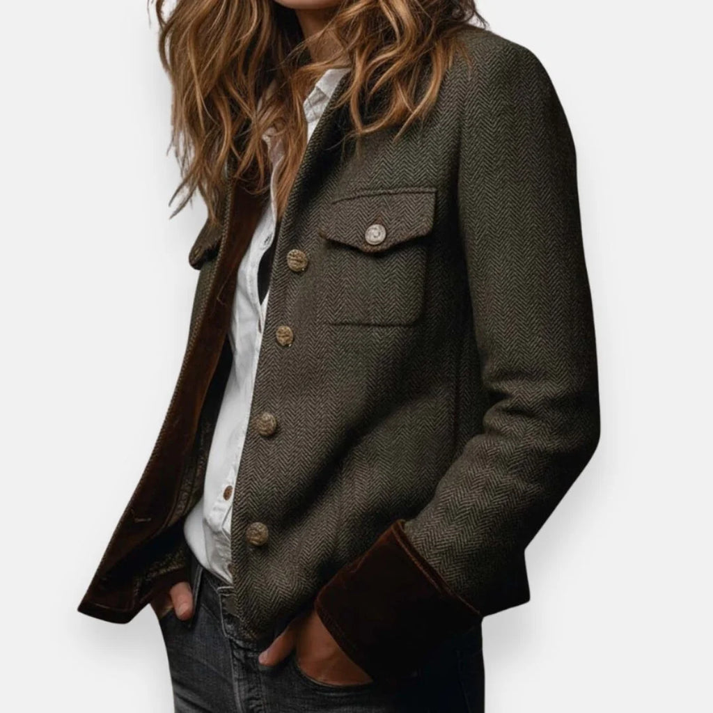Blazer – Olive Herringbone Button-Front with Flap Pockets