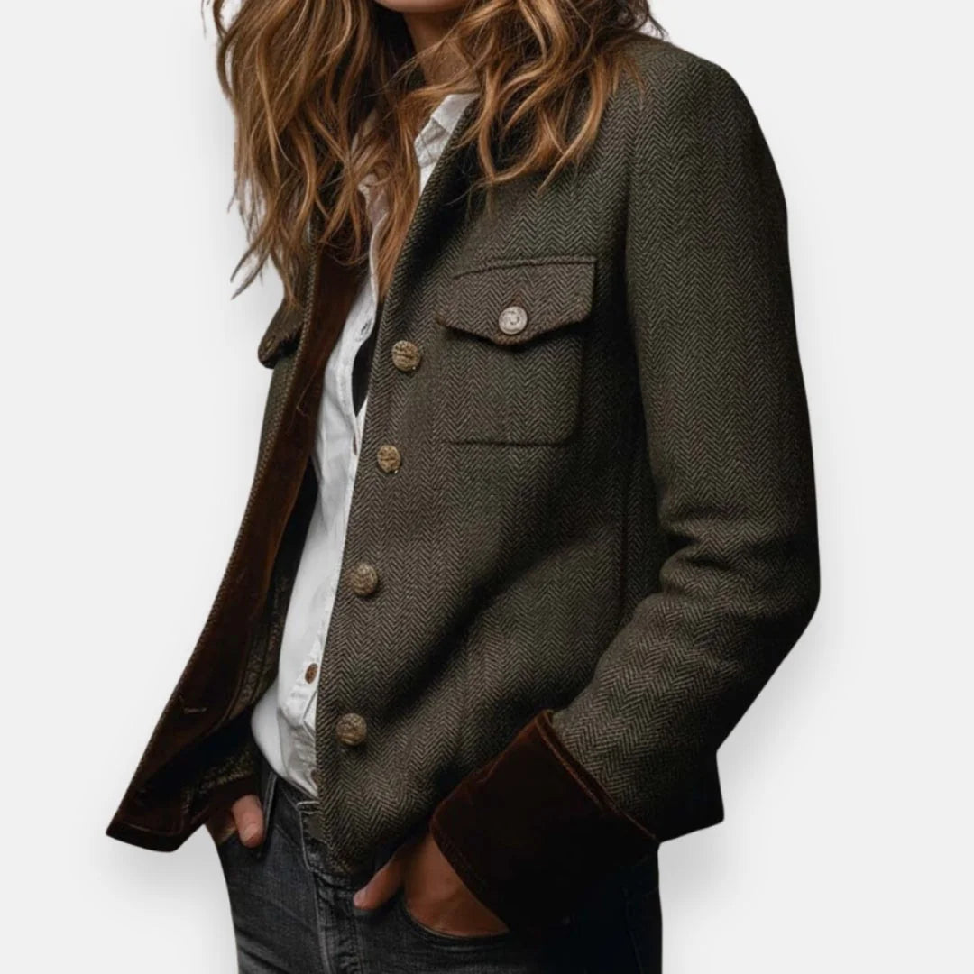 Blazer – Olive Herringbone Button-Front with Flap Pockets