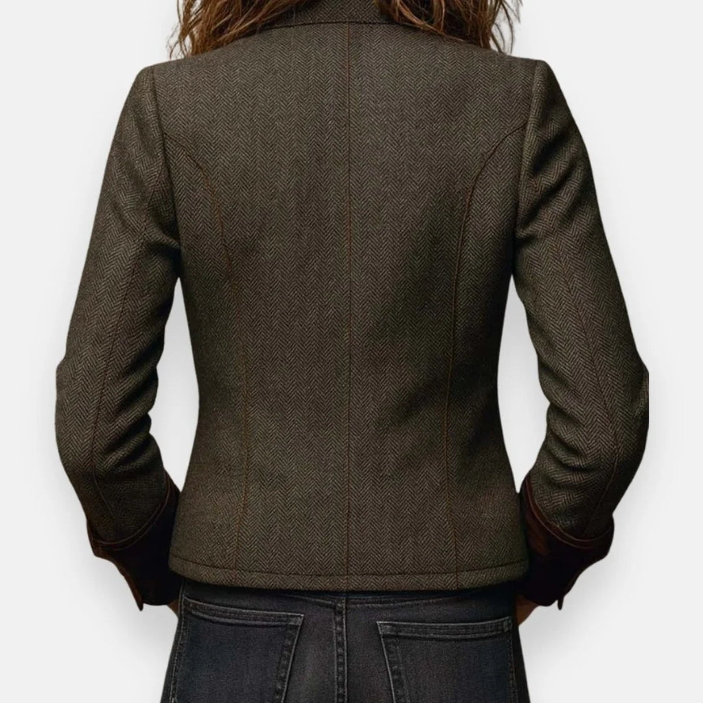 Blazer – Olive Herringbone Button-Front with Flap Pockets