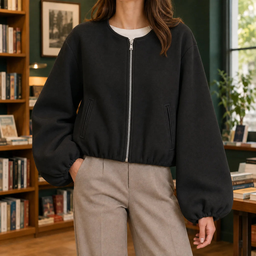 Bomber Jacket – Black Cropped Zip Front
