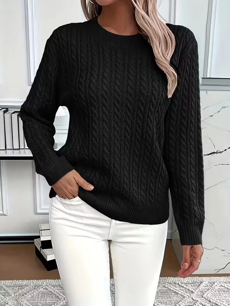 Cable Knit Sweater – Black Fine Knit Crewneck Pullover