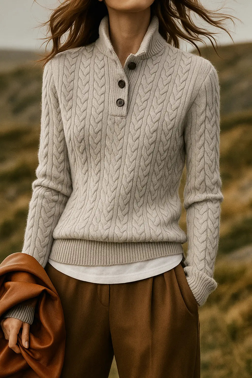 Cable Knit Sweater – Khaki Button Neck Knit Jumper