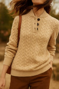Cable Knit Sweater – Khaki Button Neck Knit Jumper