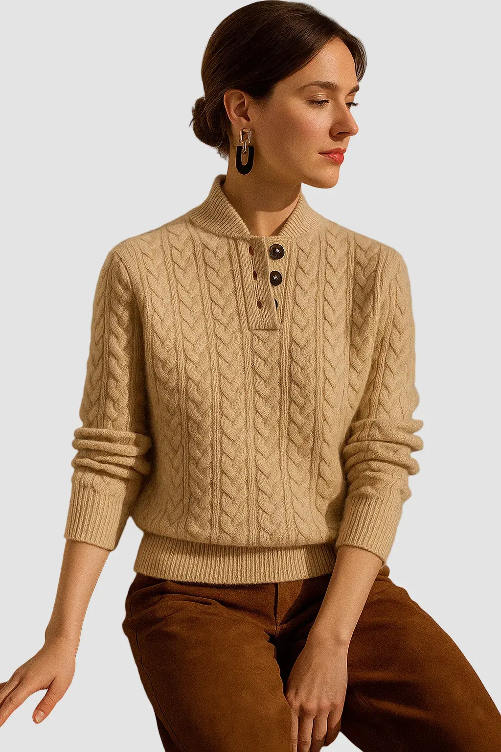 Cable Knit Sweater – Khaki Button Neck Knit Jumper
