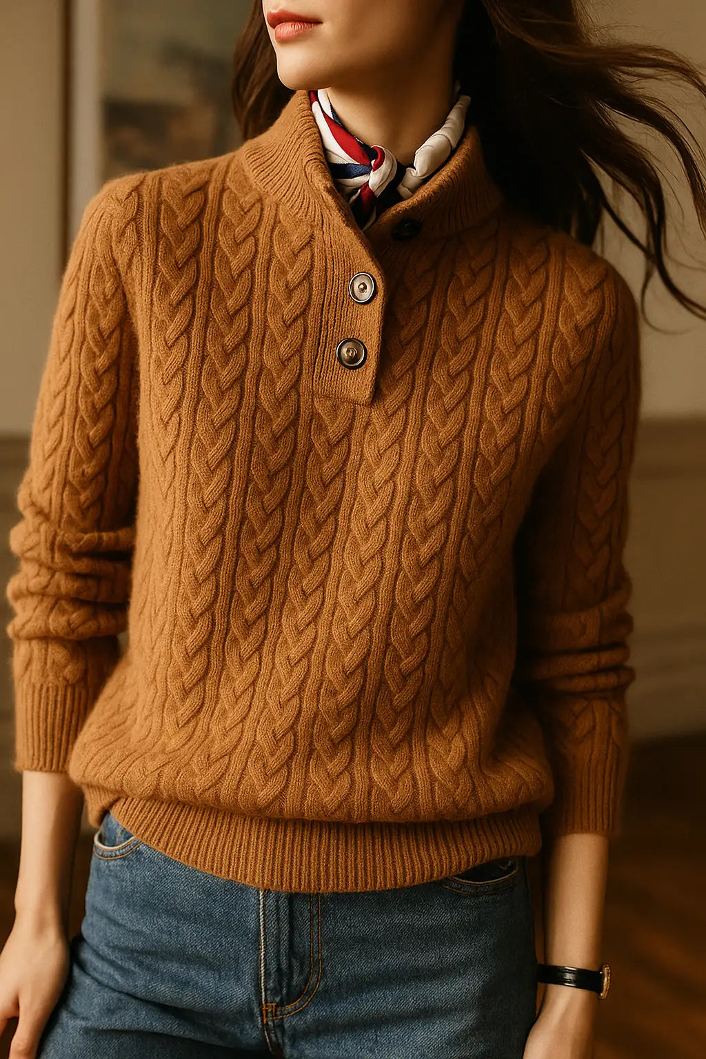 Cable Knit Sweater – Khaki Button Neck Knit Jumper
