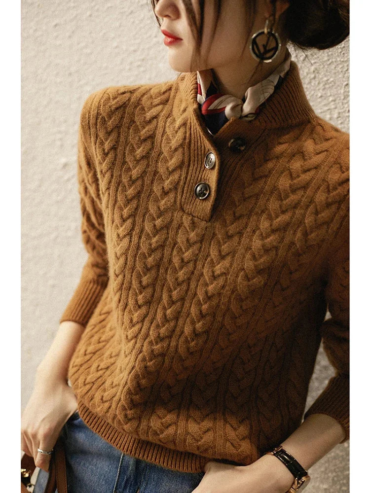 Cable Knit Sweater – Khaki Button Neck Knit Jumper