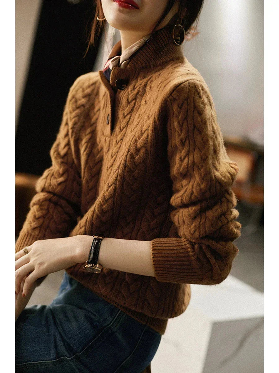 Cable Knit Sweater – Khaki Button Neck Knit Jumper