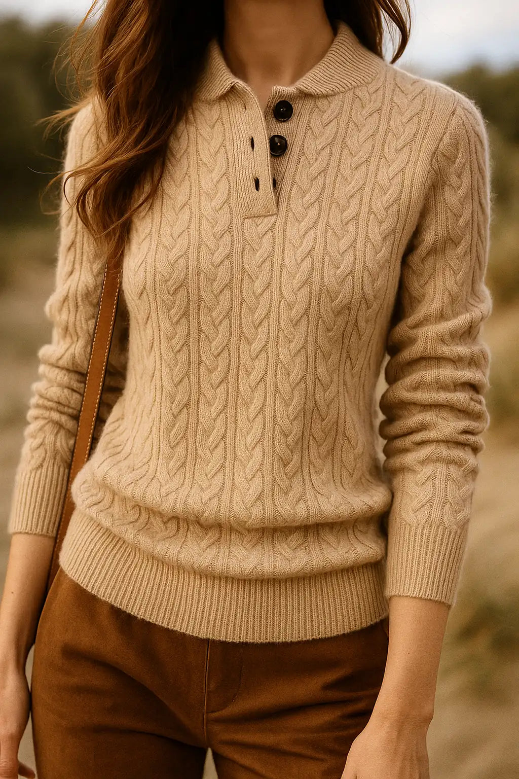 Cable Knit Sweater – Khaki Button Neck Knit Jumper