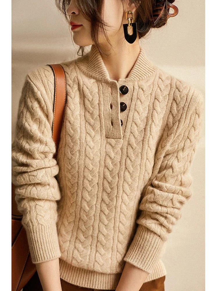 Cable Knit Sweater – Khaki Button Neck Knit Jumper
