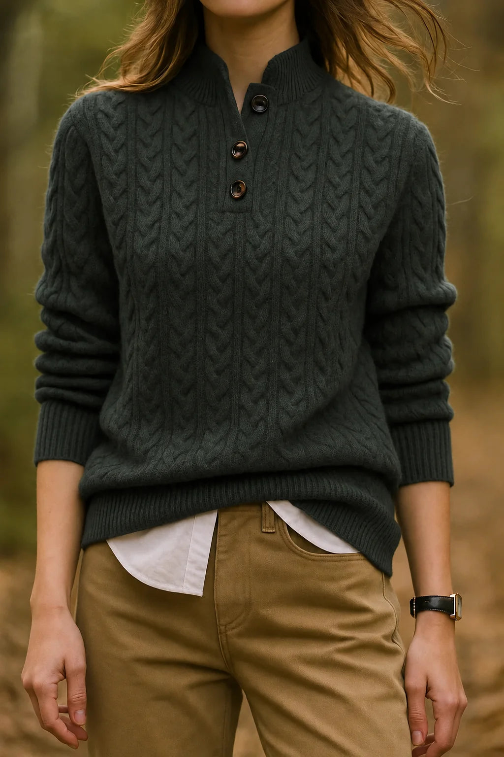 Cable Knit Sweater – Khaki Button Neck Knit Jumper