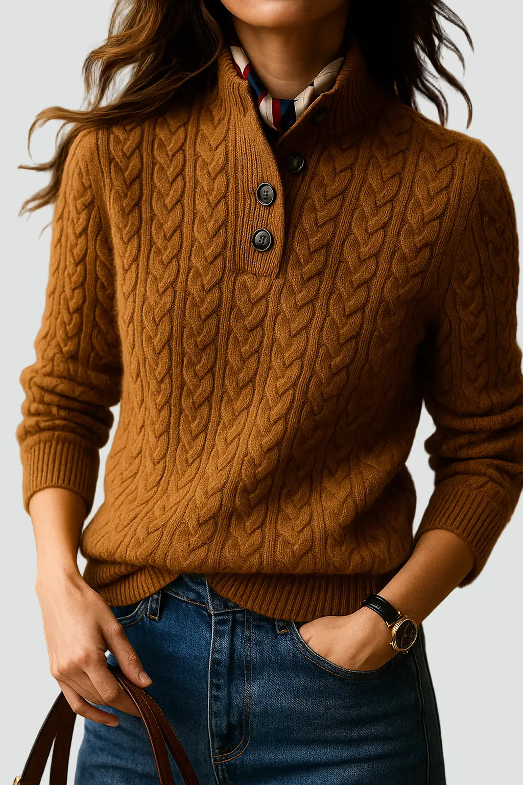 Cable Knit Sweater – Khaki Button Neck Knit Jumper