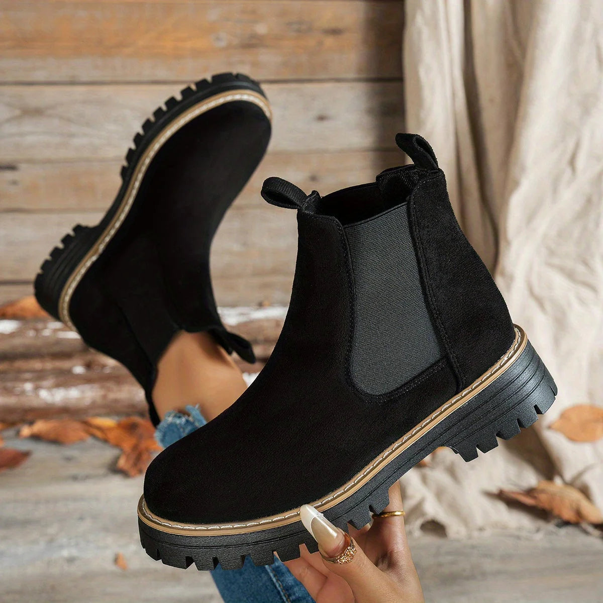 Chelsea Boots Women – Black Suede Chunky Lug Sole Ankle Boots