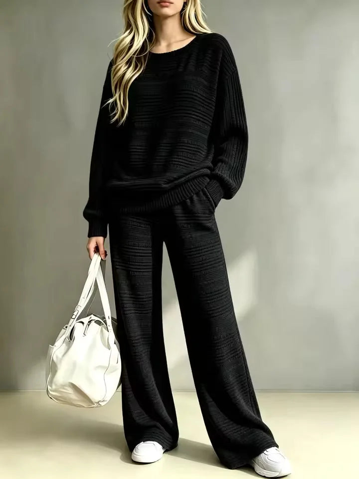 Christmas Outfit – Red Ribbed Knit Two-Piece Sweater & Wide-Leg Pants Set