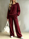Christmas Outfit – Red Ribbed Knit Two-Piece Sweater & Wide-Leg Pants Set