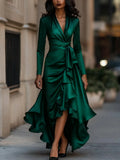 Cocktail Maxi Dress – Emerald Green Satin Wrap Ruffle Long-Sleeve