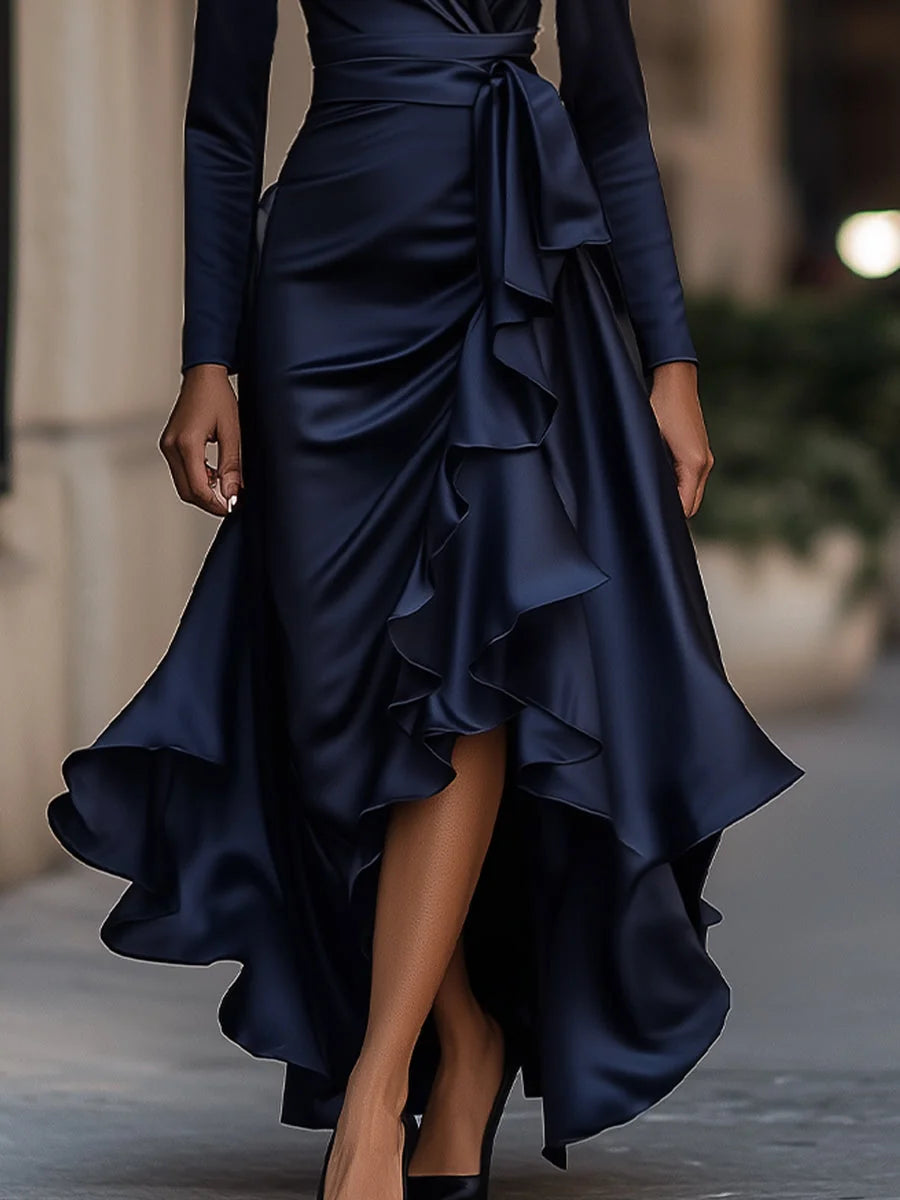 Cocktail Maxi Dress – Emerald Green Satin Wrap Ruffle Long-Sleeve