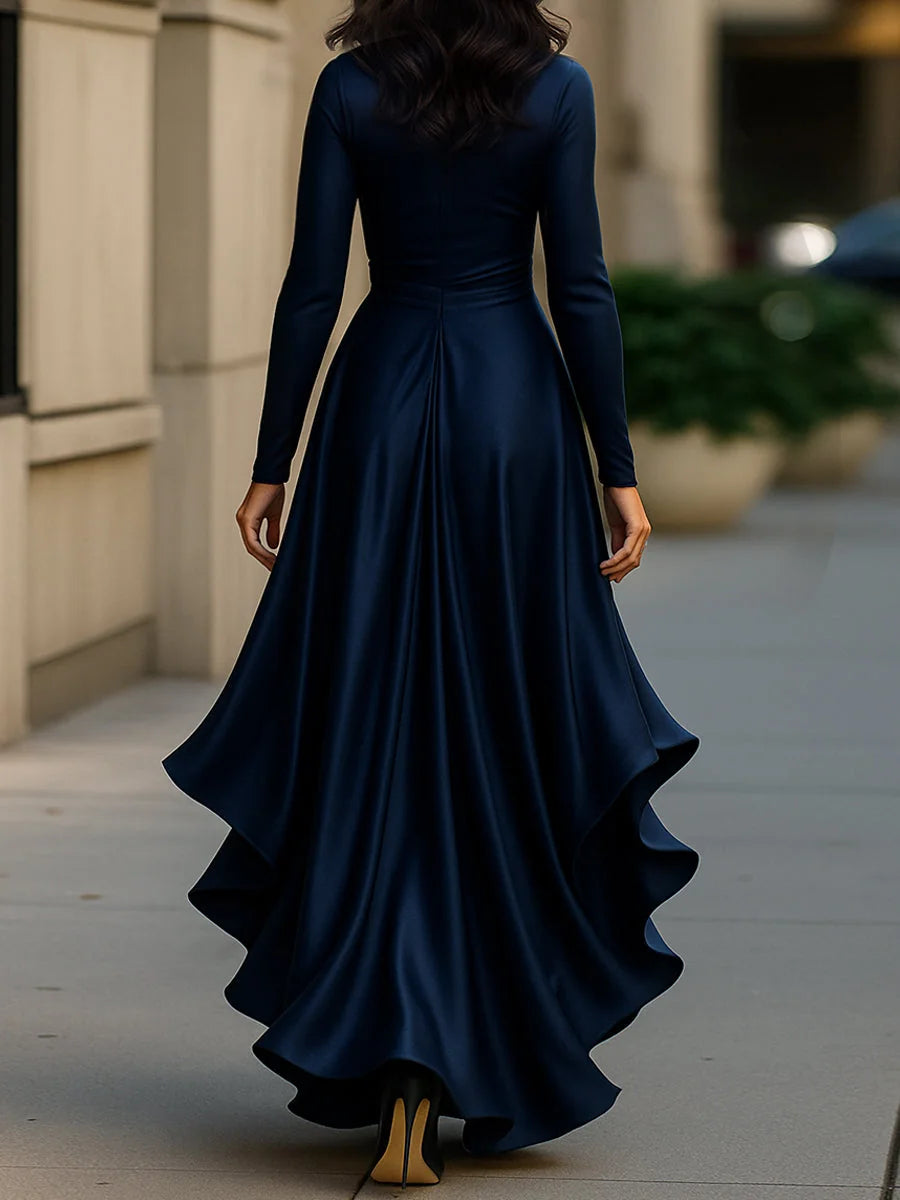 Cocktail Maxi Dress – Emerald Green Satin Wrap Ruffle Long-Sleeve