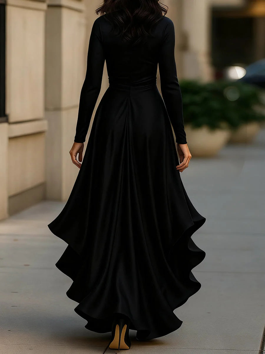 Cocktail Maxi Dress – Emerald Green Satin Wrap Ruffle Long-Sleeve