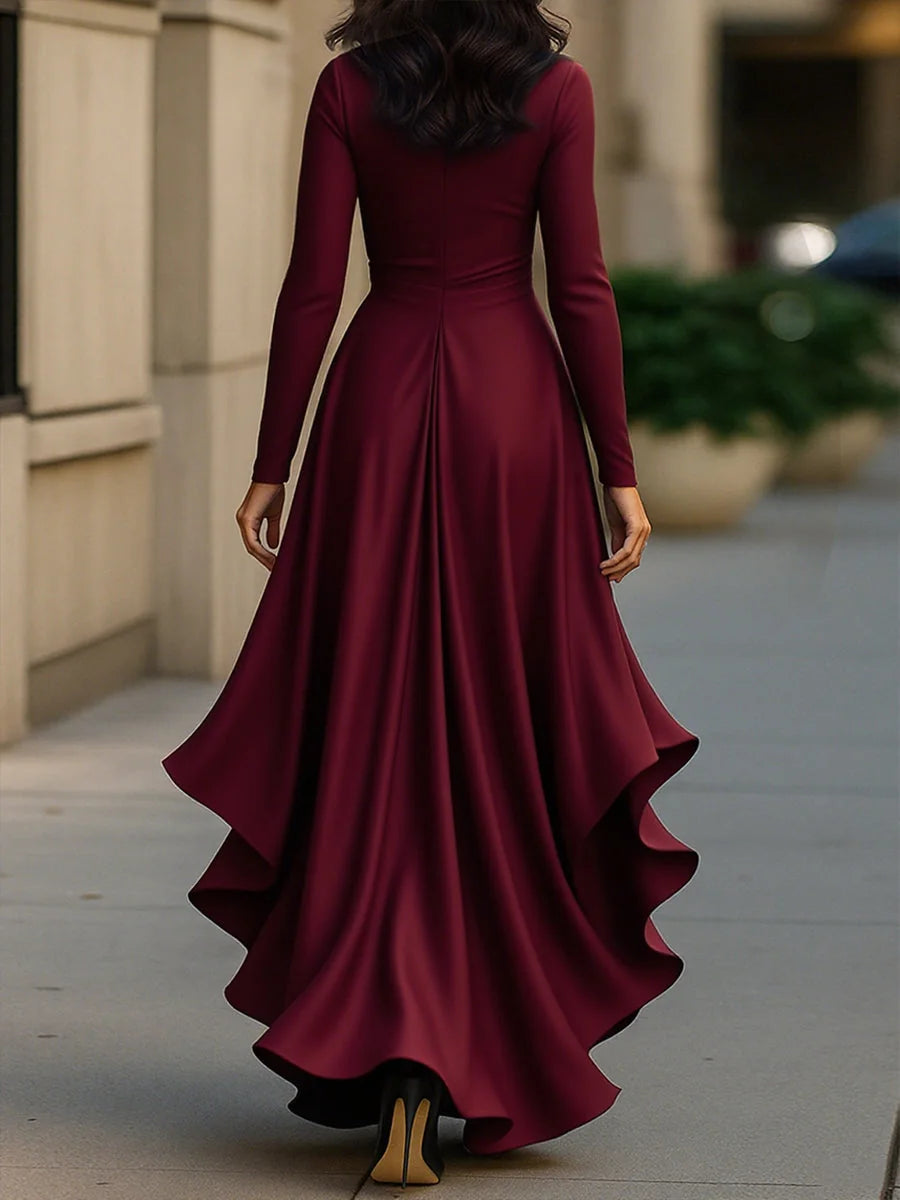 Cocktail Maxi Dress – Emerald Green Satin Wrap Ruffle Long-Sleeve