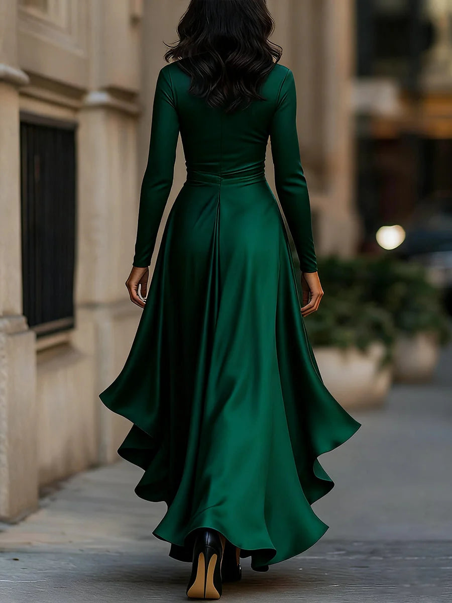 Cocktail Maxi Dress – Emerald Green Satin Wrap Ruffle Long-Sleeve